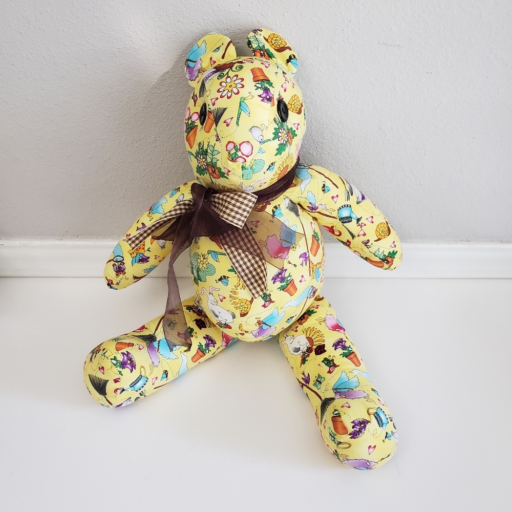 Whimsical Garden Bear Yellow Floral Plush Brown Gingham Bow Cottagecore  Decor